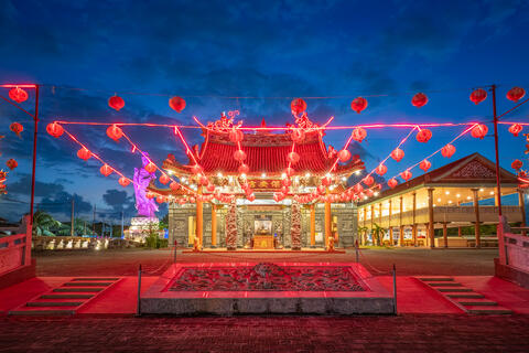 Satya Dharma Temple: Lanterns at Blue Hour