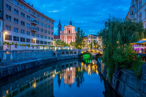 Franciscan Church and Tromostovje Bridge at Bluehour