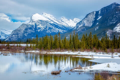 Snowy Reflections: Mount Rundle at Vermilion Lakes