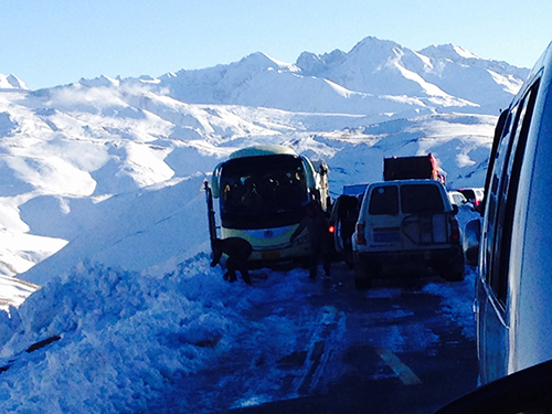 Bus trying to squeak by at 17000ft in massive traffic jam