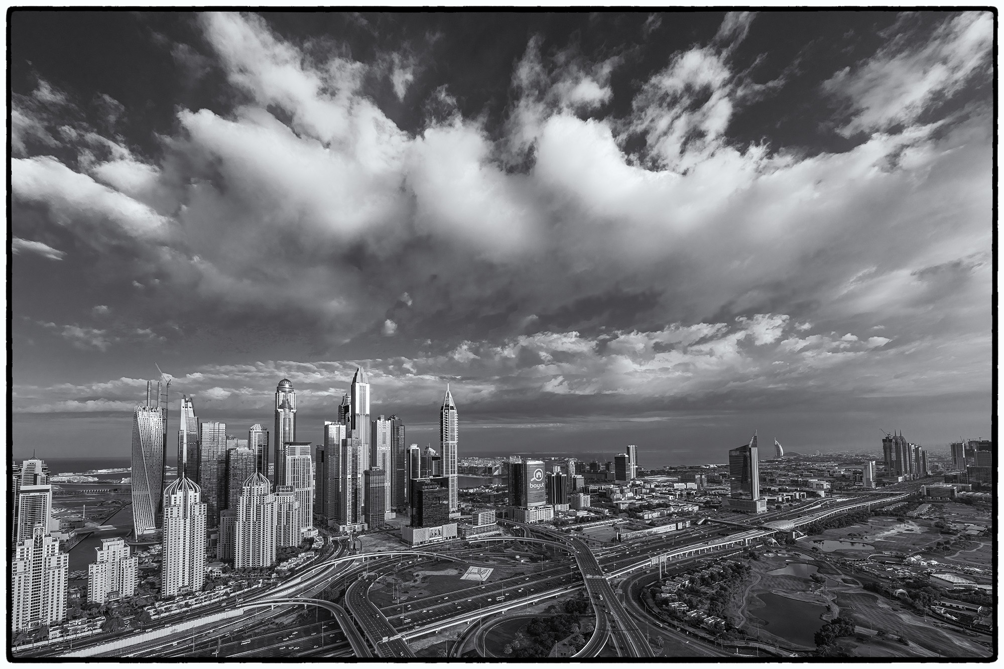 From the heights of the Shangri La hotel in Dubai Marina, "Skies Unveiled" offers a monochromatic marvel. The skyline of Dubai...