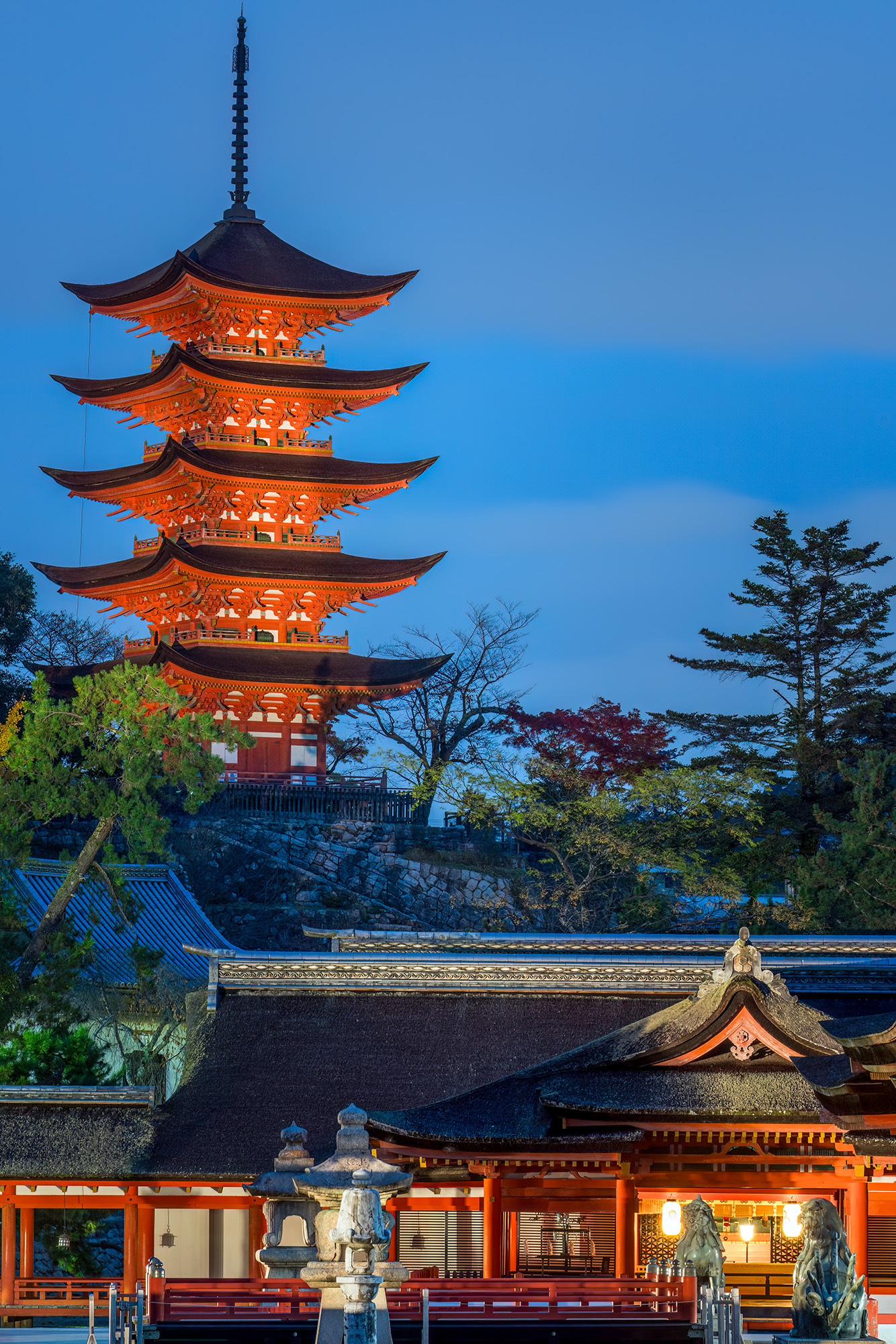 Captured during blue hour, this image showcases the Toyokuni Shrine Pagoda in all its illuminated splendor. The pagoda stands...