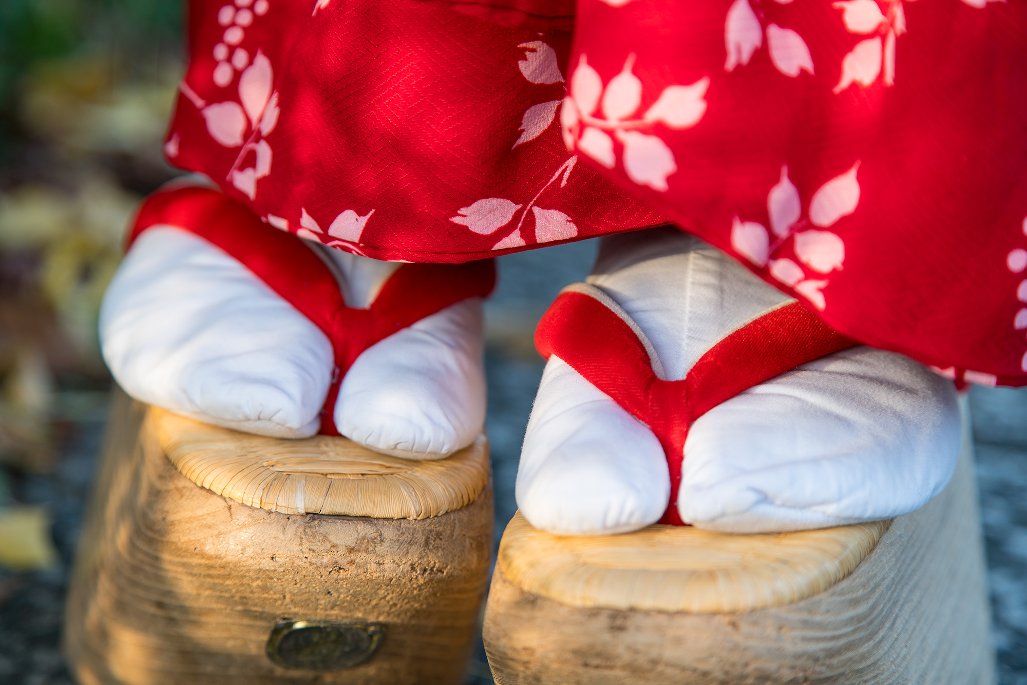 In this close-up image, we focus on the intricate details of a geisha's traditional attire. The wooden sandals, carefully crafted...