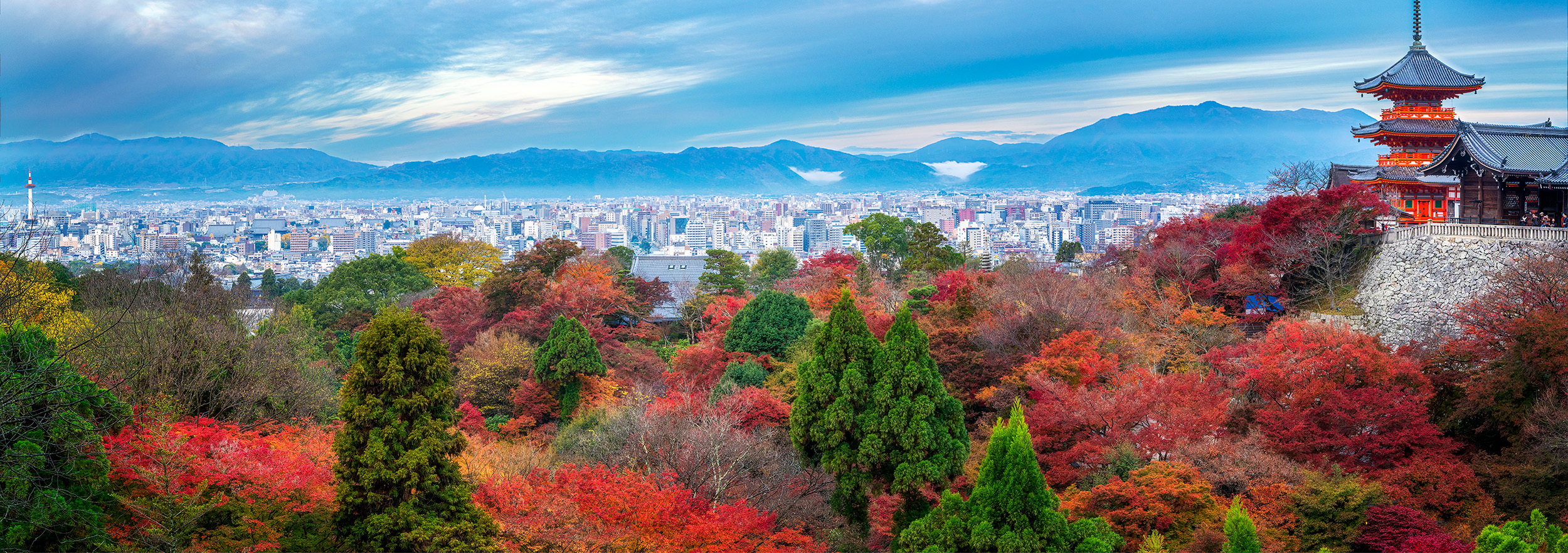 In the heart of Kyoto, "Kiyomizudera's Autumn Symphony" comes to life. A panoramic marvel, this image unveils the temple and...