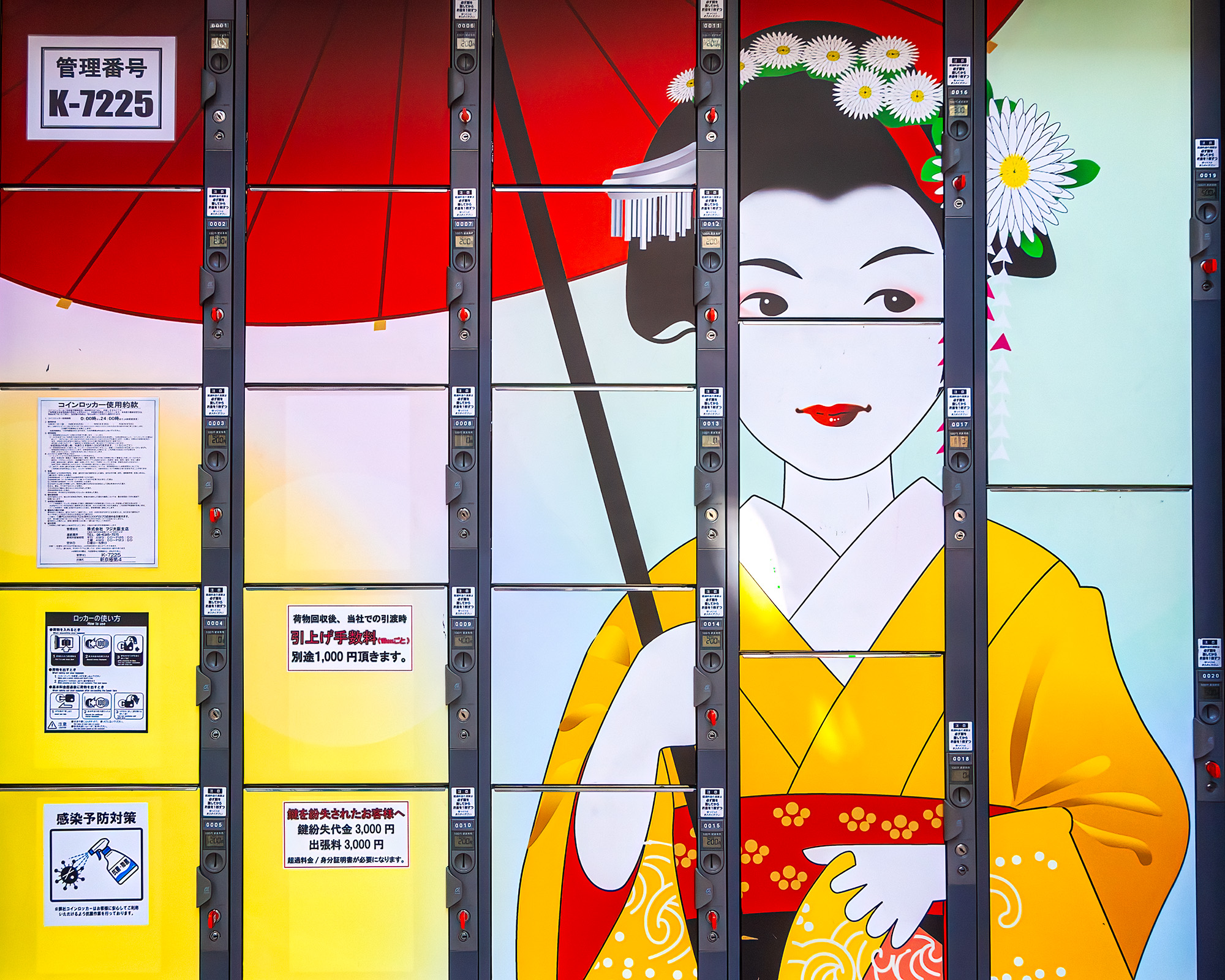 Geisha of Utility "Geisha of Utility" captures a charming discovery in Kyoto's market area—a collection of pay lockers forming the visage of...