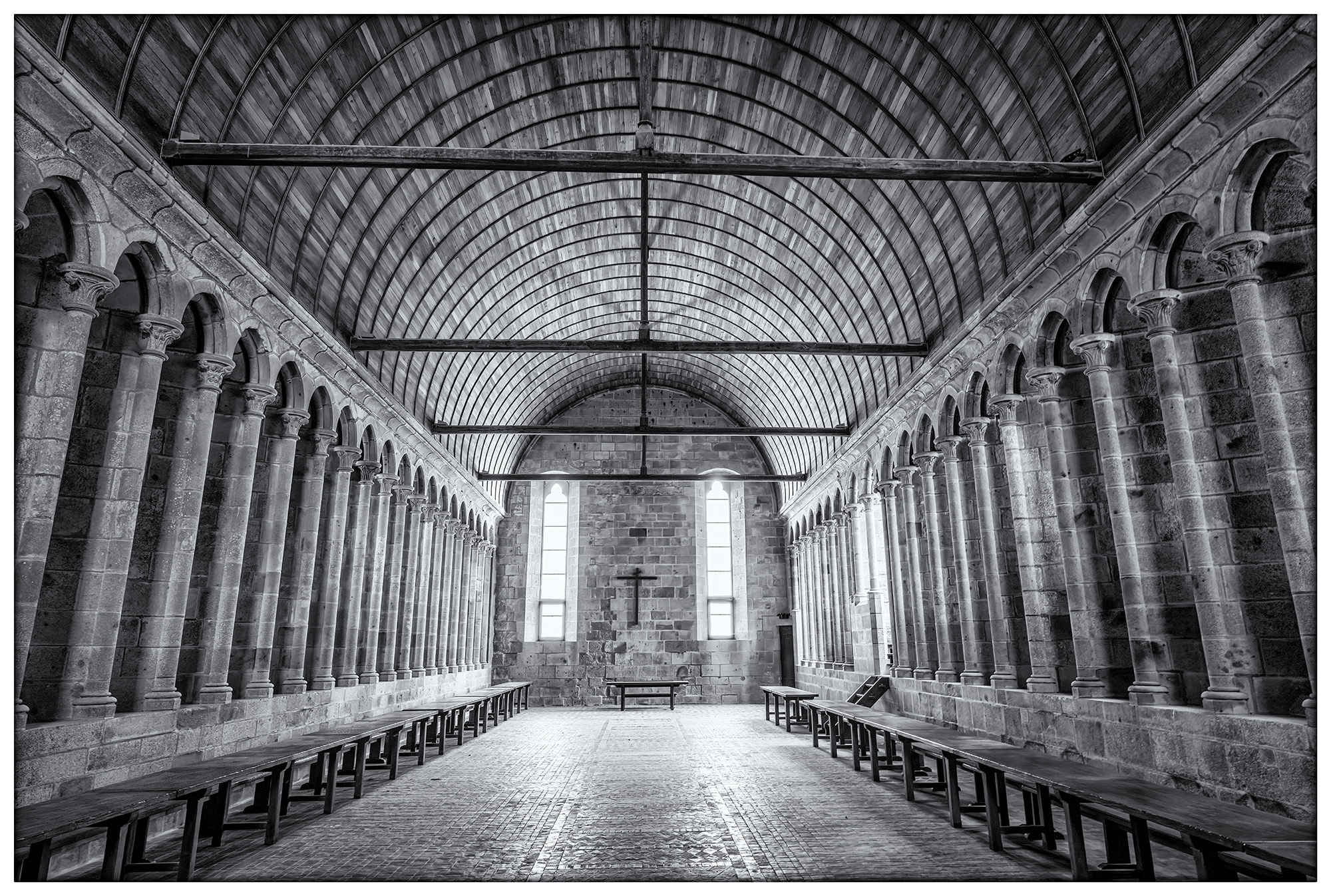 As I entered the refectory of Mont Saint Michel, France, an enchanting composition of light and shadow caught my eye instantly...