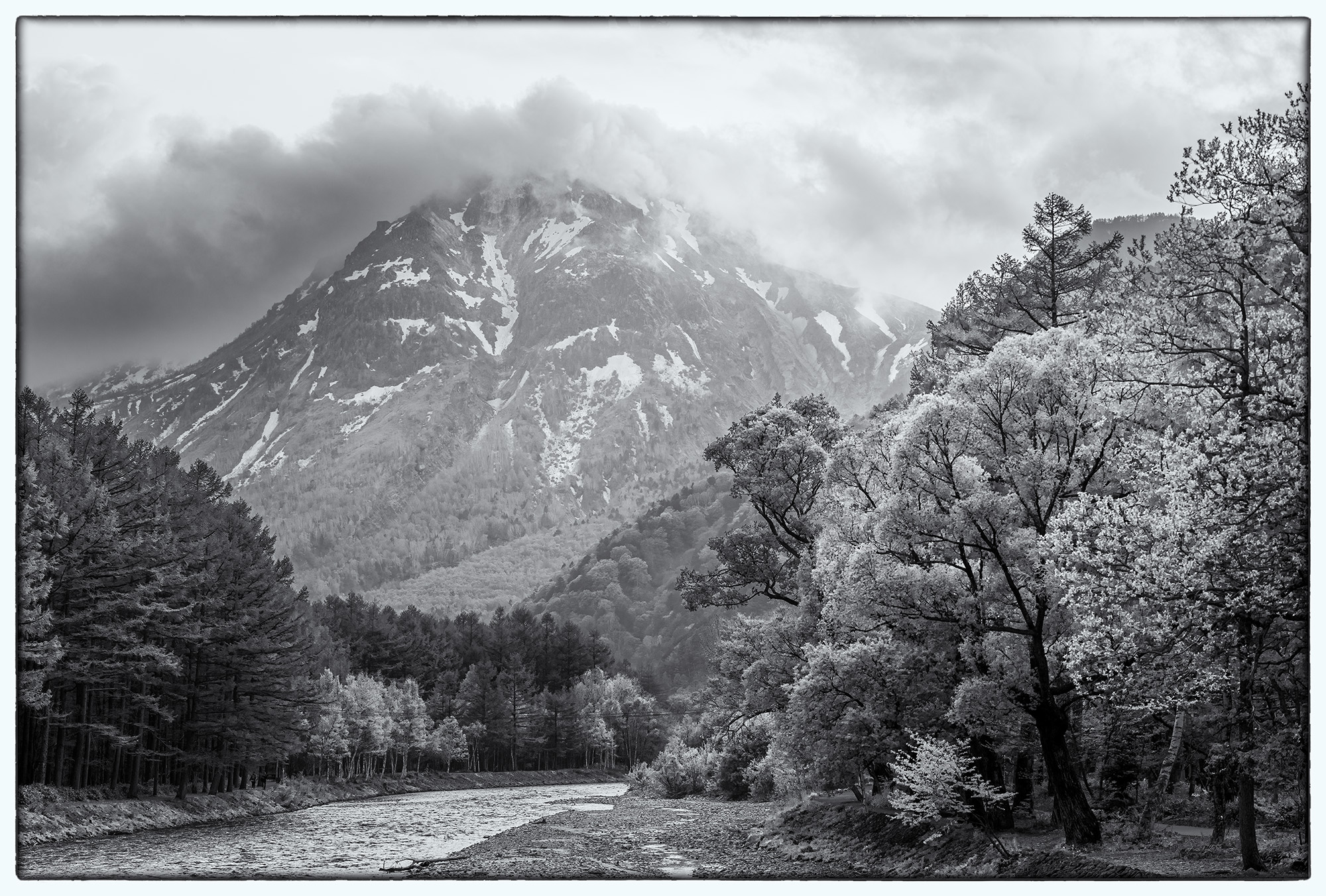 Springtime in the Japan Alps This black and white image captures the grandeur of the Japan Alps in spring, nestled within Minami Alps National Park. In the...