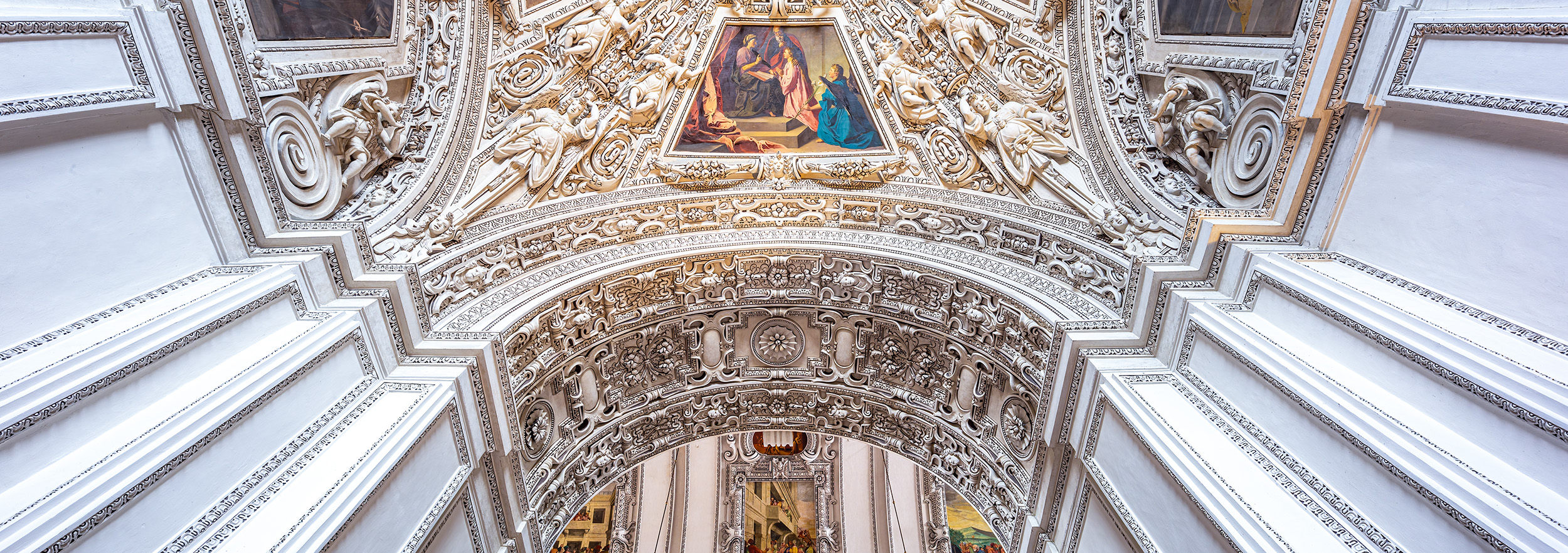 Inside the resplendent Salzburg Cathedral, this panoramic image unveils a symphony of architectural grandeur. The intricate details...