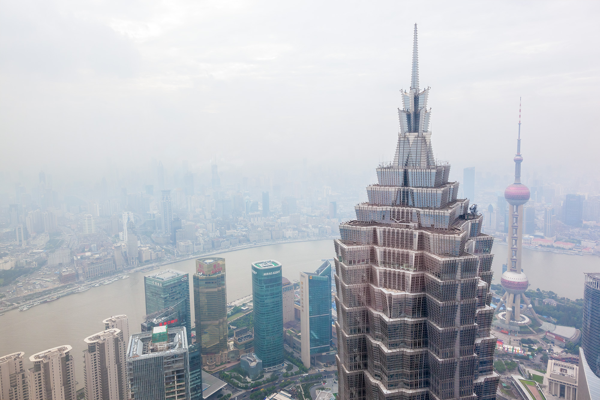 From the 87th floor of the Hyatt hotel in Shanghai's World Financial Center, this photo offers an intimate view of the Jin Mao...