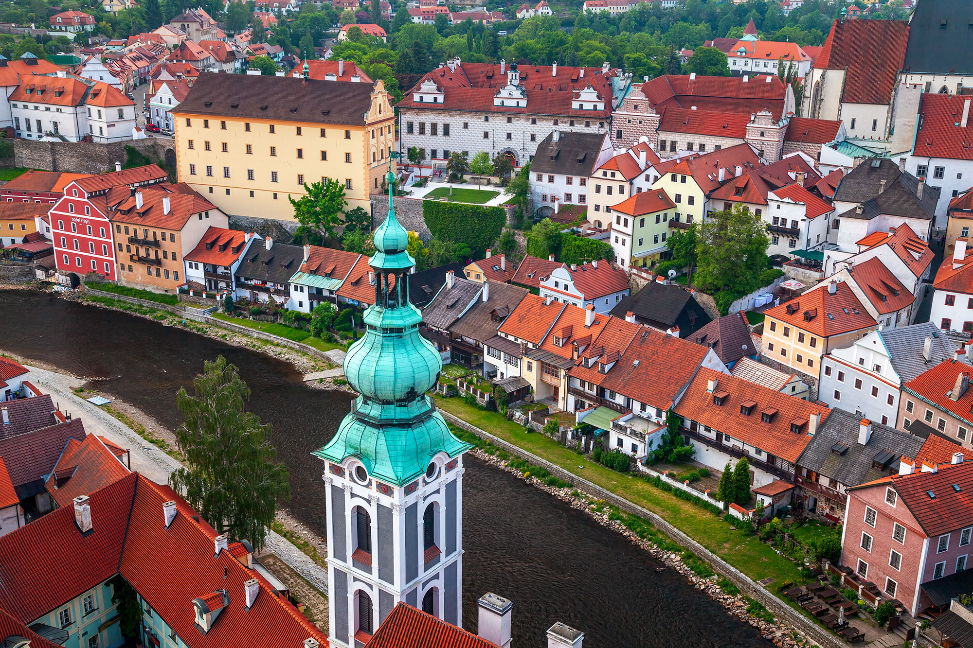 This captivating view from the heights of Cesky Krumlov Castle, Czech Republic, unveils the town's riverside charm. The meandering...