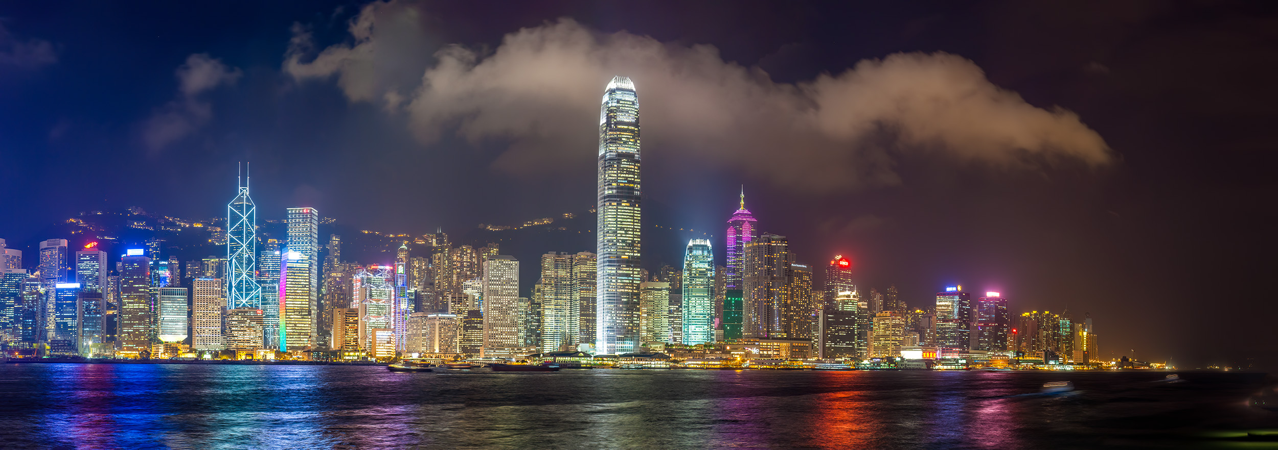 This panoramic image, captured from Kowloon, Hong Kong, unveils a dazzling spectacle. The city's skyscrapers on Hong Kong Island...