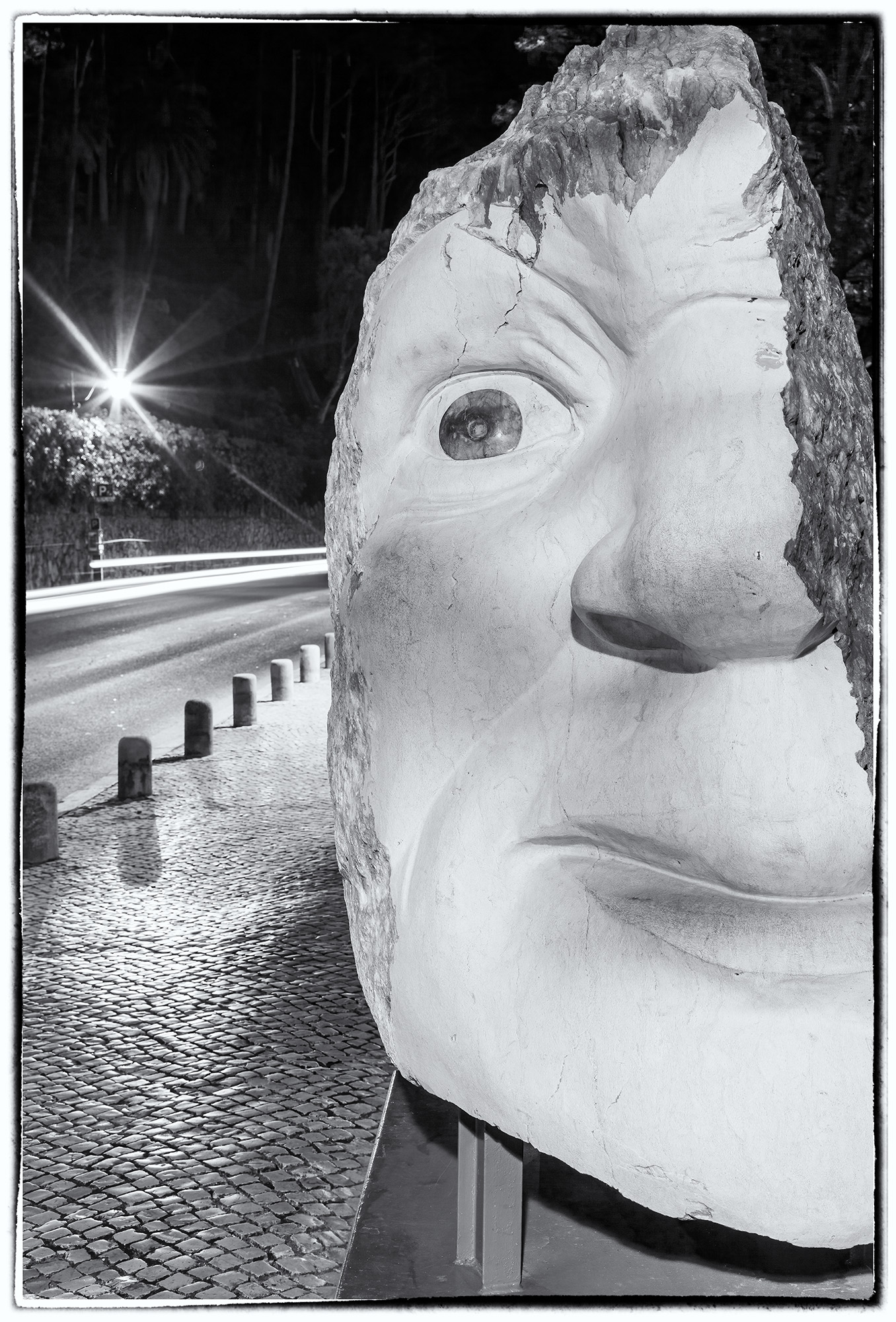 In Sintra, Portugal, I stumbled upon a striking sight one night. This black and white photograph captures a colossal sculpture...