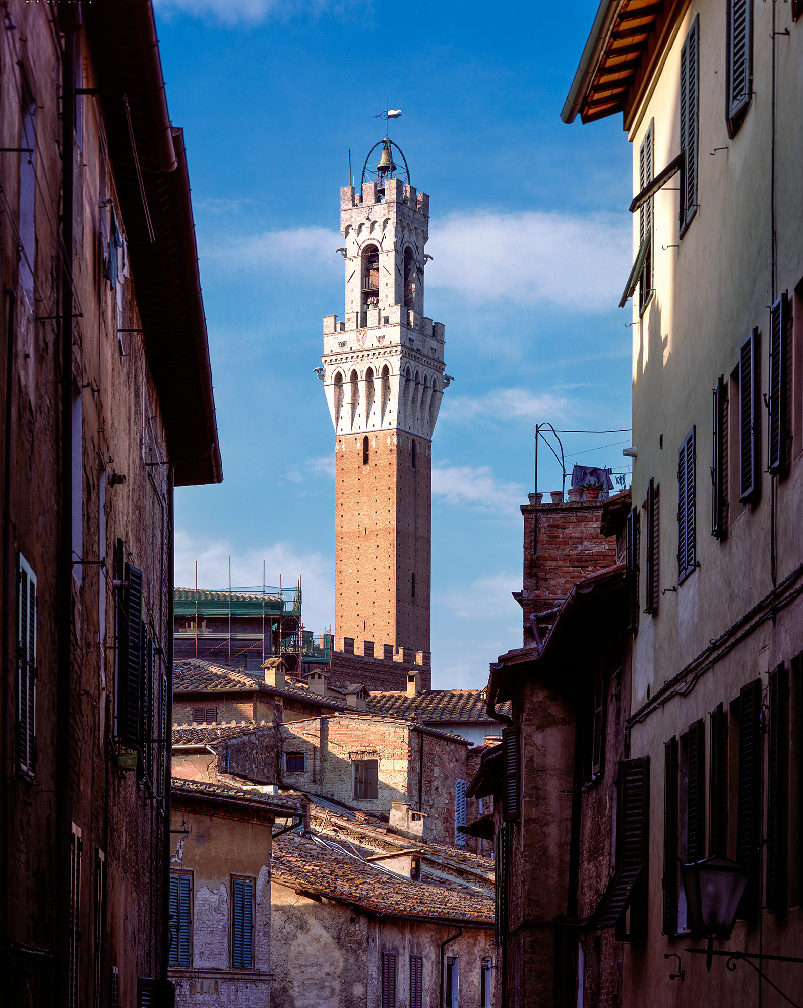 Captured with my Ebony SV45Te View Camera using Fuji Provia 100F film, this vertical image features the iconic Torre del Mangia...