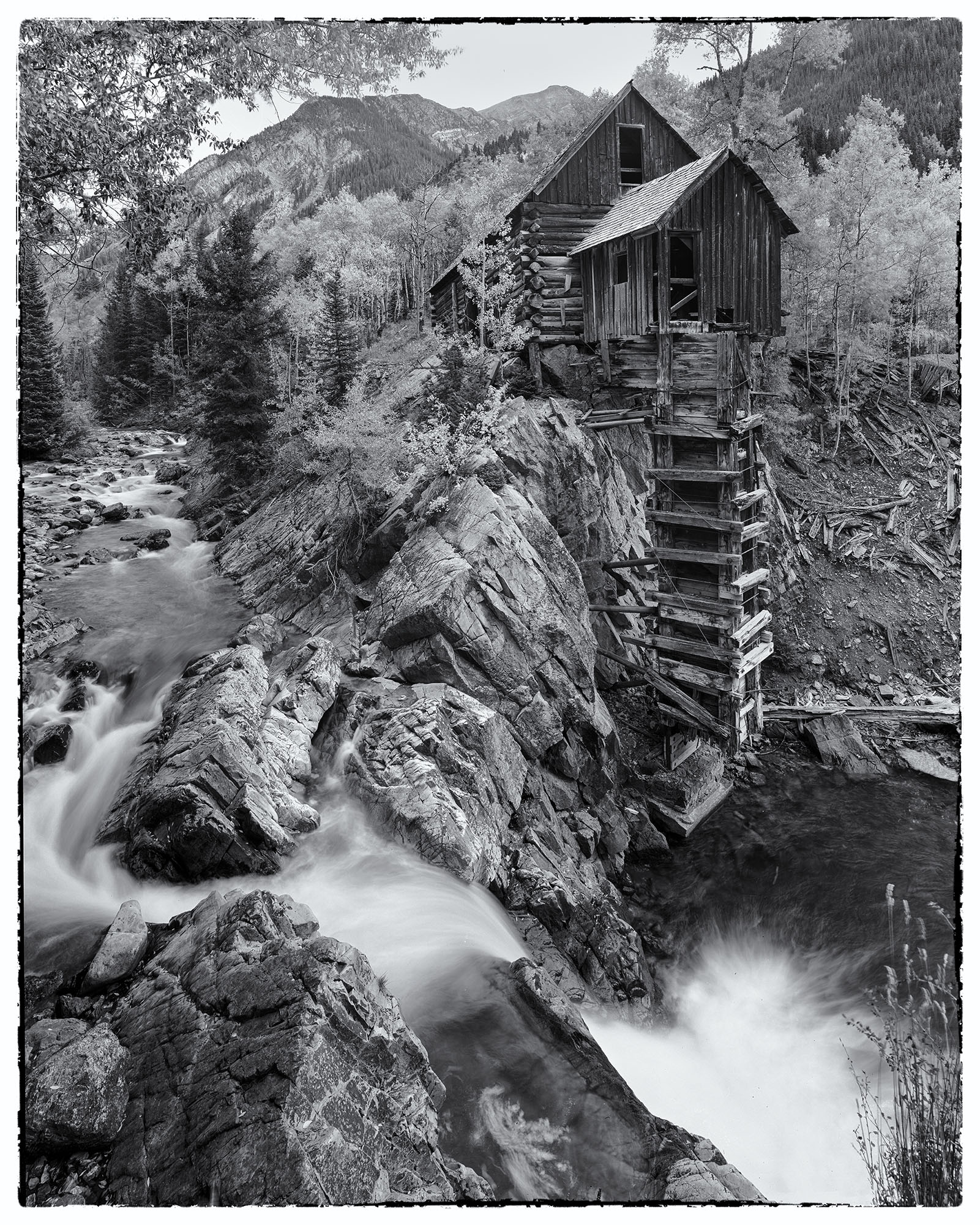 This vertical image, captured with my Ebony SV45Te View Camera and Kodak TMax film, showcases the iconic Crystal Mill in Crystal...
