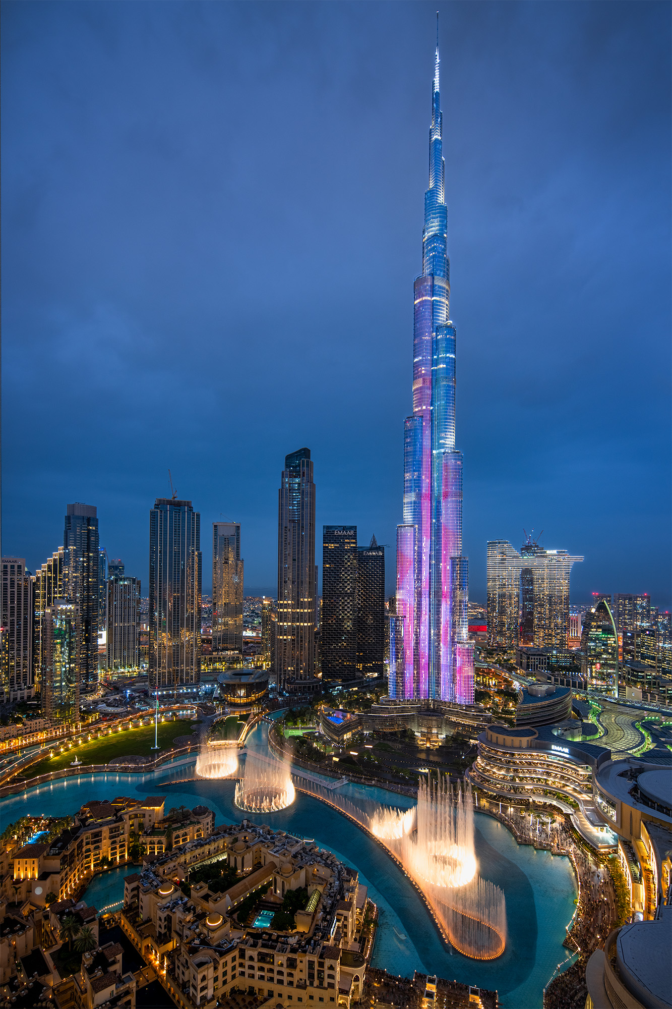 Burj Khalifa and Fountains At sunset the Burj Khalifa goes through a combined light show with some of the tallest fountains in the world. This image is...
